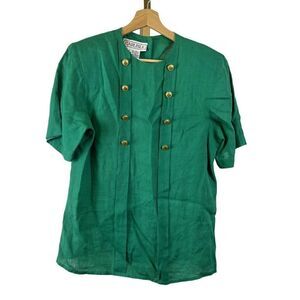 Vintage Carlisle 100% Linen Short Sleeve Blouse w/ Build in Shoulder Pads Sz 6